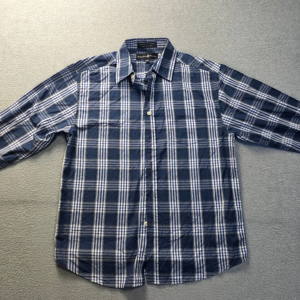 Beverly Hills Polo Club Button Front Shirt Long Sleeve Boys 14-16 Blue Plaid
